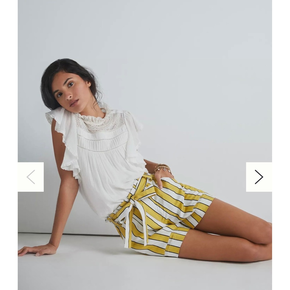 Current Air Striped Paperbag Shorts Women Small Yellow White Excellent Linen Mix